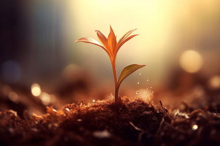 A captivating stock illustration featuring a young plant sprouting from the soil, bathed in sunlight against a beautiful blurred backdrop. Created using cutting-edge generative AI.の素材