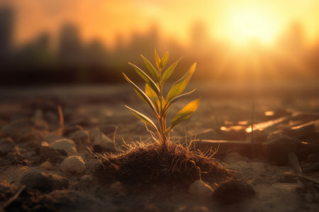 A captivating stock illustration featuring a young plant sprouting from the soil, bathed in sunlight against a beautiful blurred backdrop. Created using cutting-edge generative AI.の素材