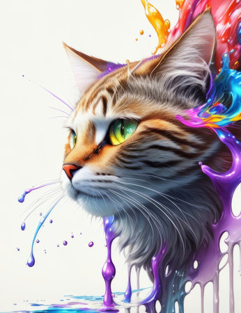 A majestic cat head in a splash art style, set against a pristine white background with olorful paint splashes. An epic illustration brought to life by generative AI.の素材