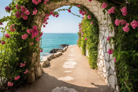 A picturesque path leading to the sea, surrounded by flowers, captured through generative AI. Serene and captivatingの素材
