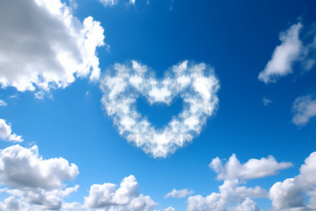 Experience the whimsical beauty of heart-shaped clouds against a serene blue sky, brought to life through generative AIの素材