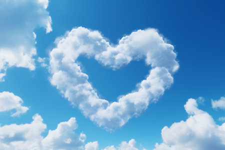 Experience the whimsical beauty of heart-shaped clouds against a serene blue sky, brought to life through generative AIの素材
