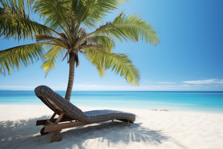 A serene scene of a sun lounger under a palm tree on the beach, created using the power of generative AIの素材