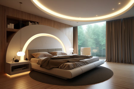 Discover a modern bedroom sanctuary with a touch of elegance and tranquility, created using the power of generative AIの素材