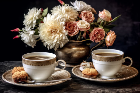 A serene scene of a coffee cup and flowers, brought to life through generative AIの素材