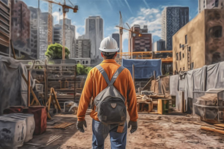 Witness the determined stride of a worker as they approach a towering skyscraper construction site. A testament to human resilience, captured by generative AI.の素材