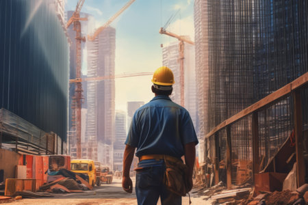 Witness the determined stride of a worker as they approach a towering skyscraper construction site. A testament to human resilience, captured by generative AI.の素材