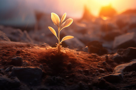 Witness the miracle of life as a young plant emerges from the soil, bathed in light orange and light bronze hues. Generative AI at work!の素材
