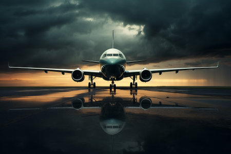Capturing the ethereal stillness of twilight, a passenger airplane rests on the runway at sunset. Created using generative AI.の素材