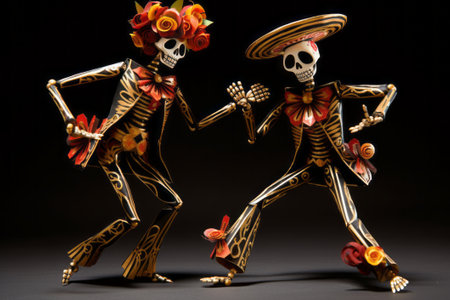Vibrant dancing skeletons inspired by Dia de los Muertos bring the party to life, created using Generative AI.の素材