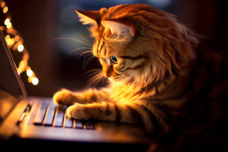 A delightful illustration capturing a clever cat engrossed in work on a computer. Discover the world of generative AI through this charming artworkの素材