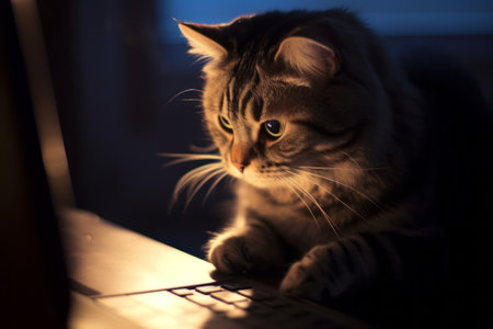 A delightful illustration capturing a clever cat engrossed in work on a computer. Discover the world of generative AI through this charming artworkの素材
