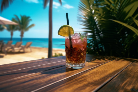 A tranquil scene of a cocktail resting on a table beneath a palm tree, with the vast sea as the backdrop. Created using Generative AIの素材