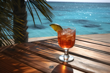 A tranquil scene of a cocktail resting on a table beneath a palm tree, with the vast sea as the backdrop. Created using Generative AIの素材