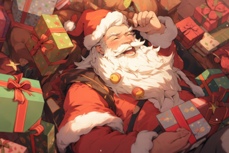 Experience the festive cheer with an anime-inspired Santa Claus, happily immersed in a sea of gifts. Created using Generative AI.の素材