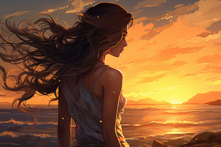 A captivating illustration of a shy and attractive young anime woman walking gracefully towards the setting sun on the beach.の素材
