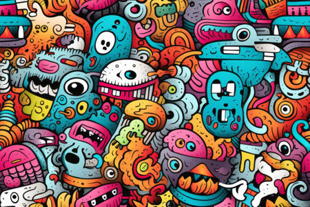 Get ready to giggle with this playful and lively seamless pattern featuring funny doodle illustrations. Created using Generative AI.の素材