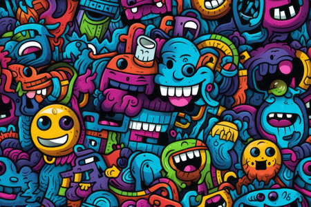 Get ready to giggle with this playful and lively seamless pattern featuring funny doodle illustrations. Created using Generative AI.の素材