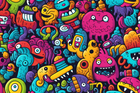 Get ready to giggle with this playful and lively seamless pattern featuring funny doodle illustrations. Created using Generative AI.の素材