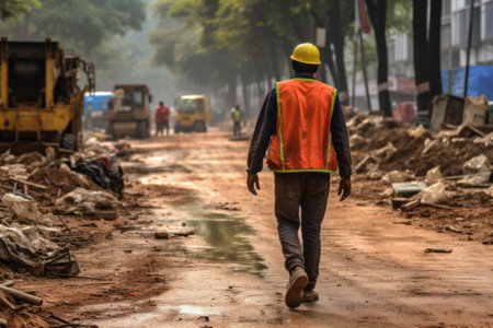 A road worker strolling towards a construction site amidst the cityscape, powered by Generative AI.の素材
