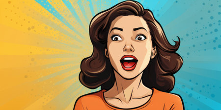 Meet a cheerful Asian woman in comic style against a pop art backdrop. Experience the brilliance of Generative AI in this stock illustration.の素材