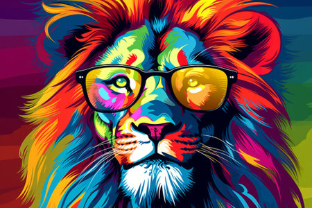 A chill lion sporting sunglasses on a vibrant pop art backdrop. Playful and fun!の素材