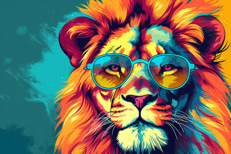 A chill lion sporting sunglasses on a vibrant pop art backdrop. Playful and fun!の素材
