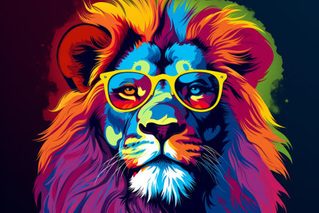 A chill lion sporting sunglasses on a vibrant pop art backdrop. Playful and fun!の素材