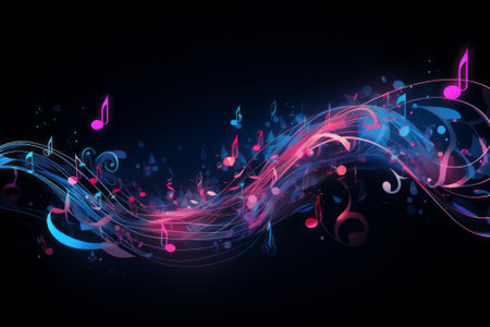 Mesmerizing stock illustration of pink and blue music notes on a dark backdrop. Created with Generative AI. Perfect for music-themed designs.の素材