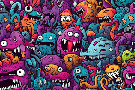 Playful monster doodles dance in a charmingly repetitive pattern. Created using Generative AI.の素材