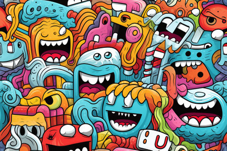 Playful monster doodles dance in a charmingly repetitive pattern. Created using Generative AI.の素材