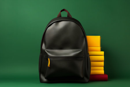 "Get ready for school with this vibrant stock illustration of a black, yellow, and green backpack surrounded by books on a green backdrop.の素材