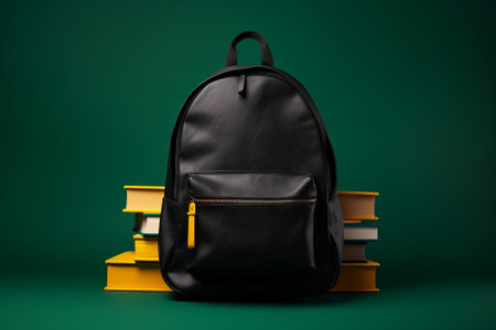 "Get ready for school with this vibrant stock illustration of a black, yellow, and green backpack surrounded by books on a green backdrop.の素材