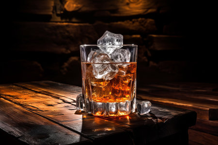 A captivating image of a glass with ice delicately placed on a bar table, brought to life by generative AIの素材