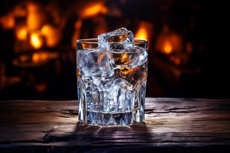 A captivating image of a glass with ice delicately placed on a bar table, brought to life by generative AIの素材