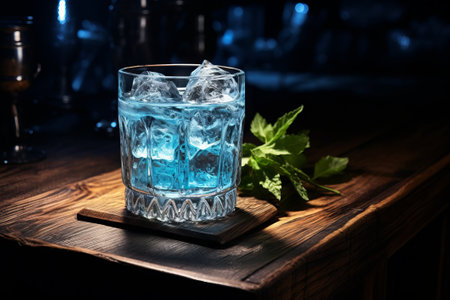 A captivating image of a glass with ice delicately placed on a bar table, brought to life by generative AIの素材