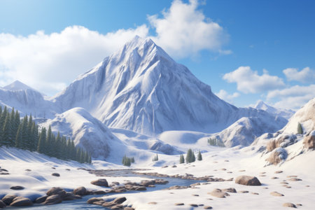 Serene snow-covered American mountain landscape, created with Generative AI.の素材