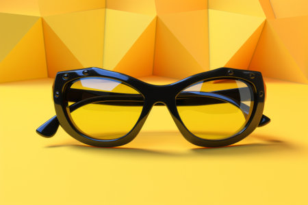Capture the essence of sunny days with these trendy black sunglasses on a vibrant yellow backdrop. Illustration by Generative AI.の素材