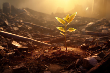 Emotionally powerful illustration of a young plant emerging from the soil with warm hues, enhanced by lens flares. Generative AI.の素材