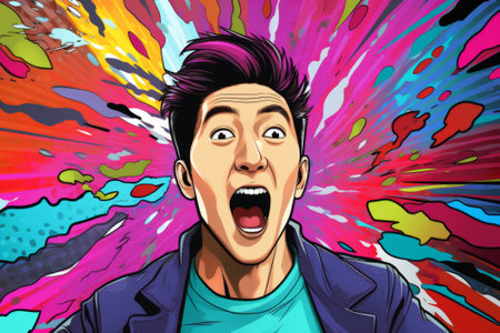 Dynamic Asian male in comic style yelling against a colorful pop art backdrop, powered by Generative AI.の素材
