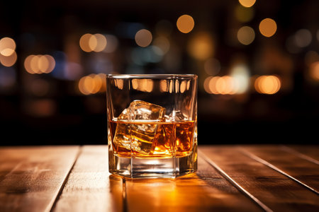 Sip the elegance. A whiskey glass glistens on a bar table, ice cubes adding a touch of class. Created using Generative AI.の素材