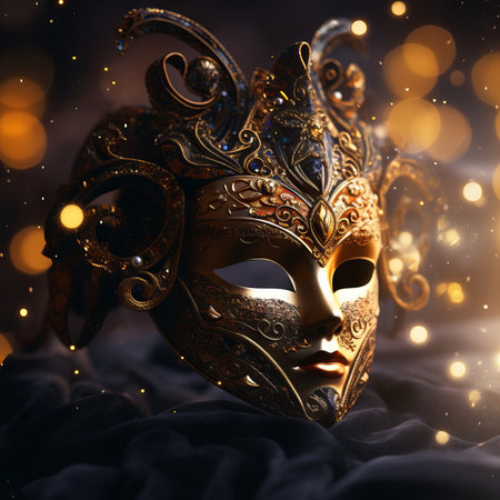 Vibrant bokeh-adorned carnival mask illuminated by lights, created using Generative AI.の素材