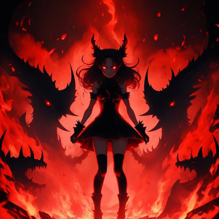 A fiery anime character stands in the depths of hell. Red eyes and flames evoke an eerie ambiance, Generative AI.の素材