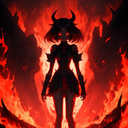 A fiery anime character stands in the depths of hell. Red eyes and flames evoke an eerie ambiance, Generative AI.の素材