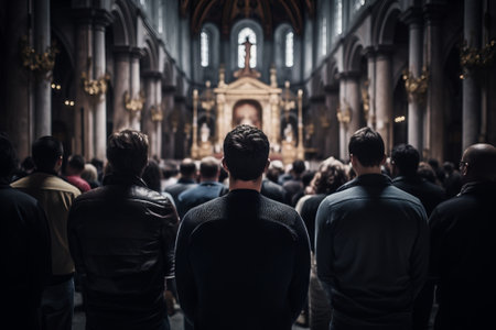 Capturing believers in silent devotion, bathed in stained-glass hues. A scene of spirituality.の素材