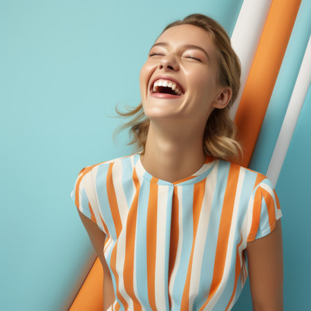 Posing girl in aquamarine & orange exuding effortless chic, laughing. Generative AI.の素材