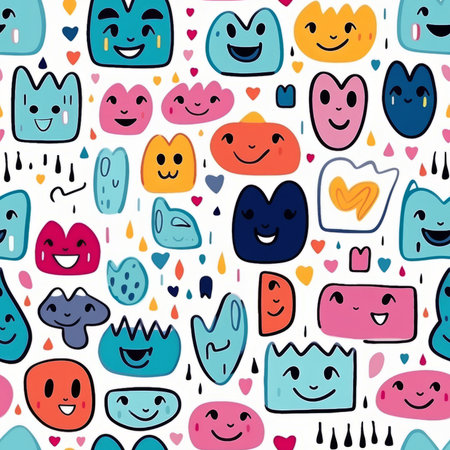 Vibrant monsters and patterns merge in a cute, psychedelic doodle illustration.の素材