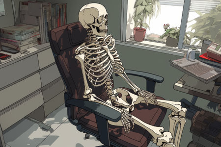 Amusing stock illustration: skeleton office worker in daily routine. Humorous take on work-life balance. Generative AI.の素材