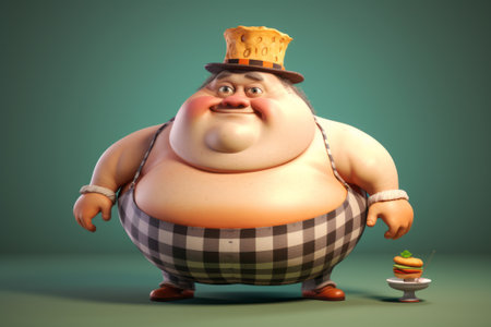 Witness the journey of a cartoon character grappling with overeating, junk food, and health concerns in this empathetic stock illustration. Generative AI.の素材