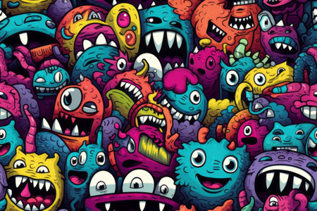 Lively monsters in a seamless pattern, perfect for a fun-loving atmosphere. Generative AI.の素材